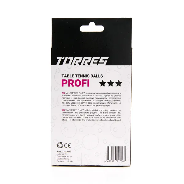 Мяч для наст. тенниса TORRES Profi 3*, TT23012, диам. 40+мм, упак. 6 шт, белый за 338.30 ₽ в Йошкар-Оле